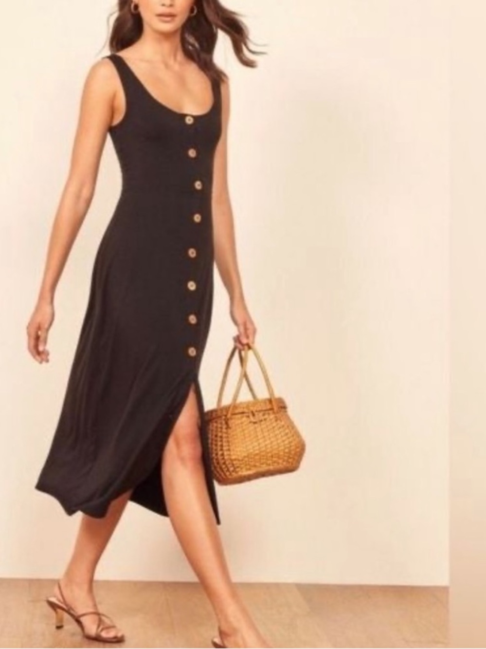 Reformation • Black Ari jersey button midi dress chic glam
